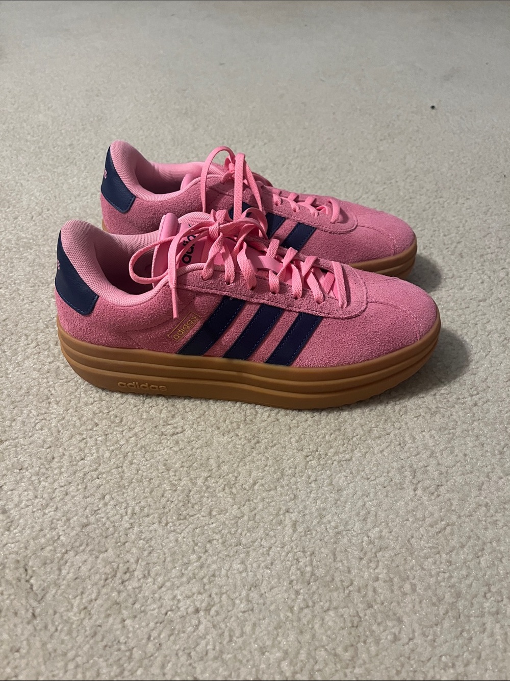 adidas Pink Suede Platform Sneakers with Navy Stripes and Gum Sole